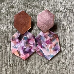 Hexagon Pink and Copper Earrings